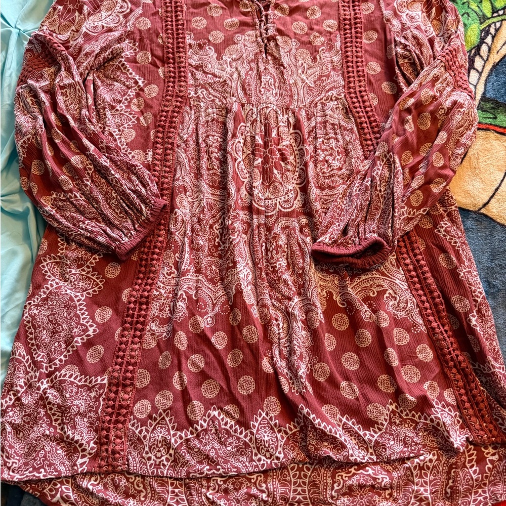Altar'd State Burgundy Paisley Long Sleeve Dress
